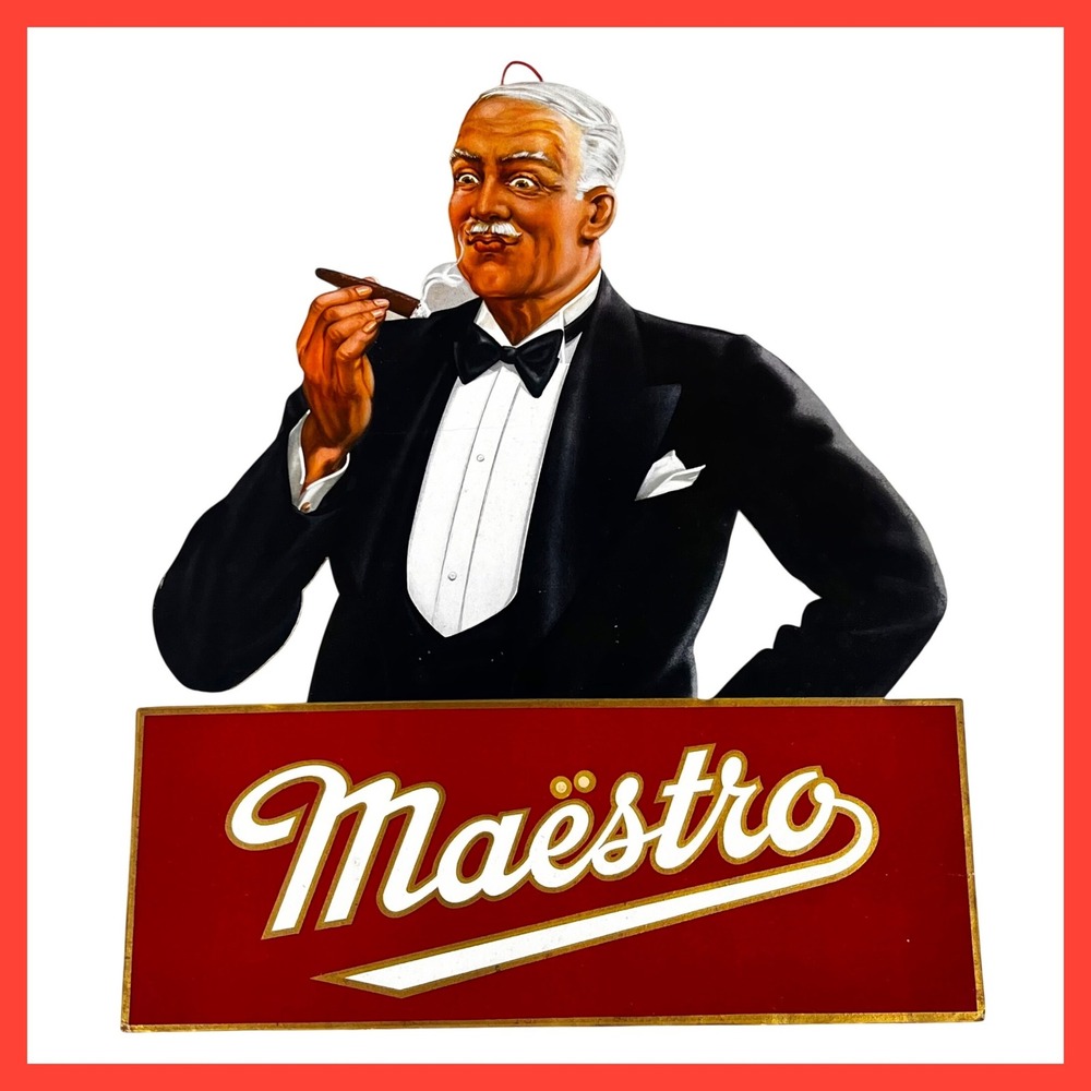 1940s Maestro Cigar‎ Vintage Advertising Sign 17" Cardboard Easel Back Fan Pull
